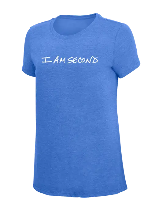 Womens Simply Soft Royal Frost 4.5oz  Poly/Combed Ring Spun Cotton T-Shirt w/I Am Second Logo