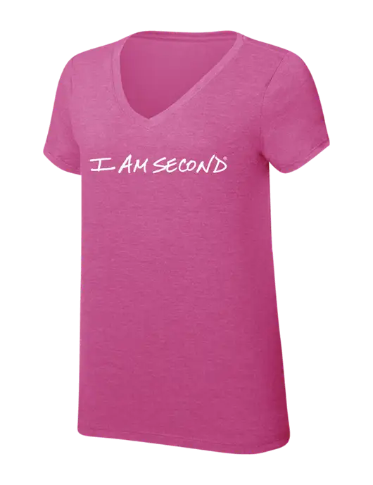 Womens Simply Soft V-Neck Fuschia Frost 4.5oz  Poly/Combed Ring Spun Cotton T-Shirt w/I Am Second Logo