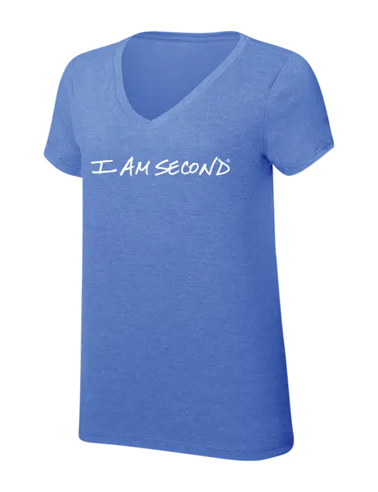 Womens Simply Soft V-Neck Royal Frost 4.5oz  Poly/Combed Ring Spun Cotton T-Shirt w/I Am Second Logo