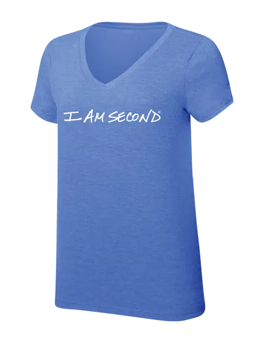 Womens Simply Soft V-Neck Royal Frost 4.5oz  Poly/Combed Ring Spun Cotton T-Shirt w/I Am Second Logo