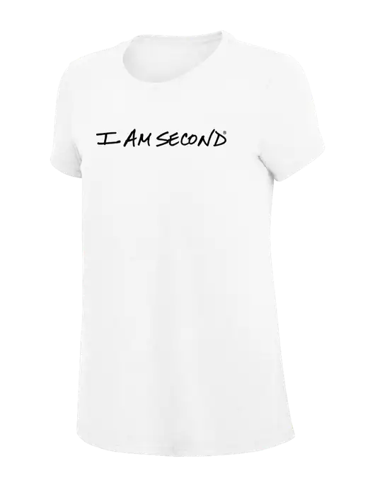 Womens Simply Soft White 4.5oz Poly/Combed Ring Spun Cotton T-Shirt
 w/I Am Second Logo