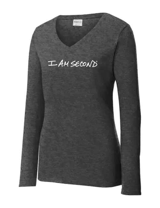 Womens  V-Neck Ring Spun Dark Heather Grey 4.5 oz Long Sleeve T-Shirt w/I Am Second Logo