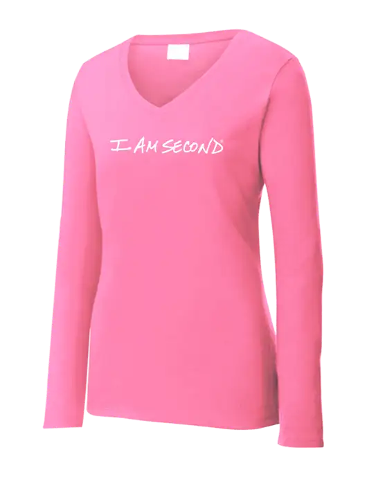 Womens  V-Neck Ring Spun Pink 4.5 oz Long Sleeve T-Shirt w/I Am Second Logo