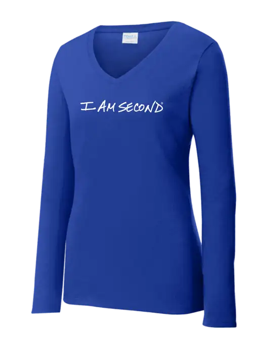 Womens  V-Neck Ring Spun Royal 4.5 oz Long Sleeve T-Shirt w/I Am Second Logo