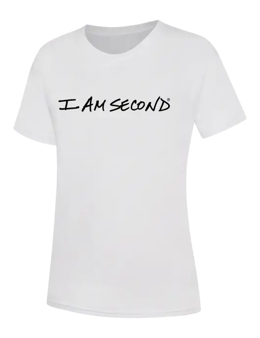 Womens White Core Blend Tee w/I Am Second Logo