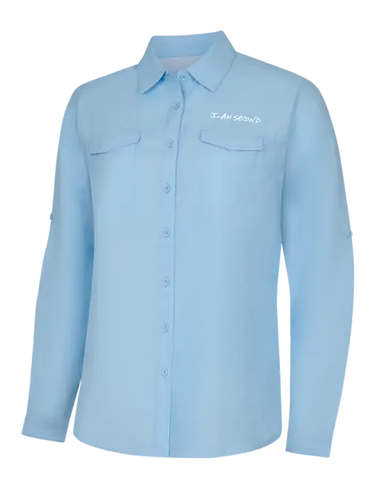 Womens Light Blue Long Sleeve UV Daybreak Shirt w/I Am Second Logo