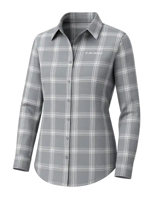 Womens Medium Grey/Cream Open Plaid Flannel Tunic w/I Am Second Logo