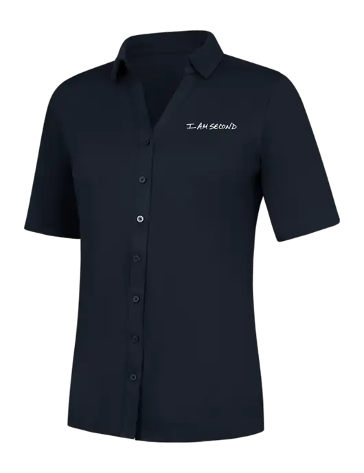 Womens Navy City Stretch Top w/I Am Second Logo