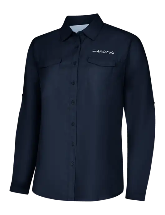 Womens Navy Long Sleeve UV Daybreak Shirt w/I Am Second Logo