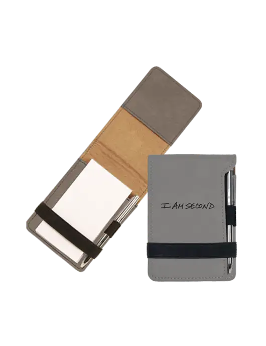 Grey Leatherette Mini Notepad with Pen,  3.25 x 4.75 w/I Am Second Logo