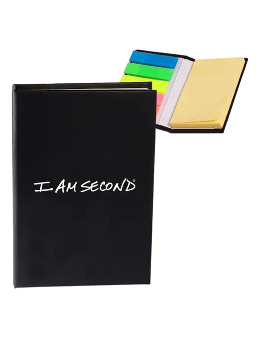 Black Micro Sticky Note Pad, 2 x 3.25 w/I Am Second Logo
