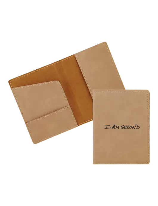 Tan Leatherette Passport Holder w/I Am Second Logo