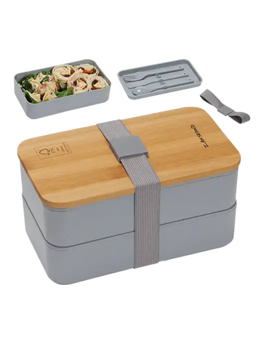 Double Decker Lunch Box w/Eco-Friendly FSC Bamboo Lid & Reusable Utensils w/I Am Second Logo