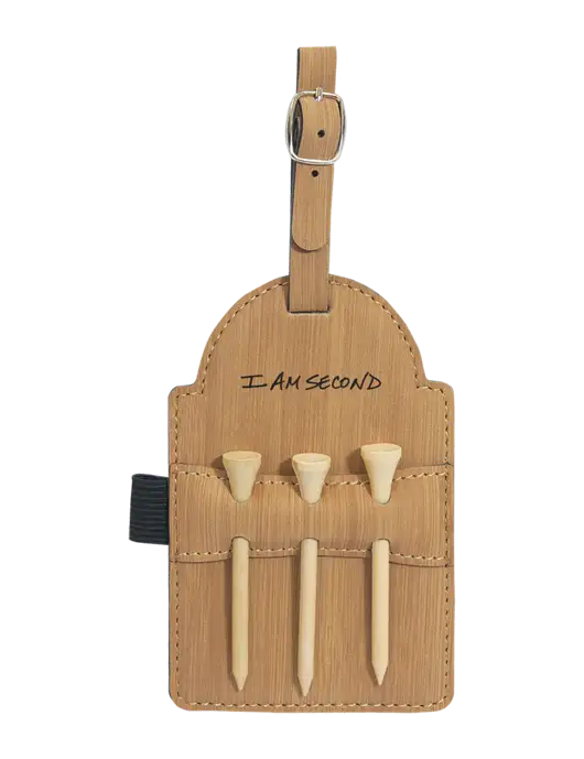 Bamboo Leatherette Golf Bag Tag with 3 Wooden Tees w/I Am Second Logo