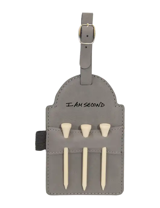 Grey Leatherette Golf Bag Tag with 3 Wooden Tees w/I Am Second Logo