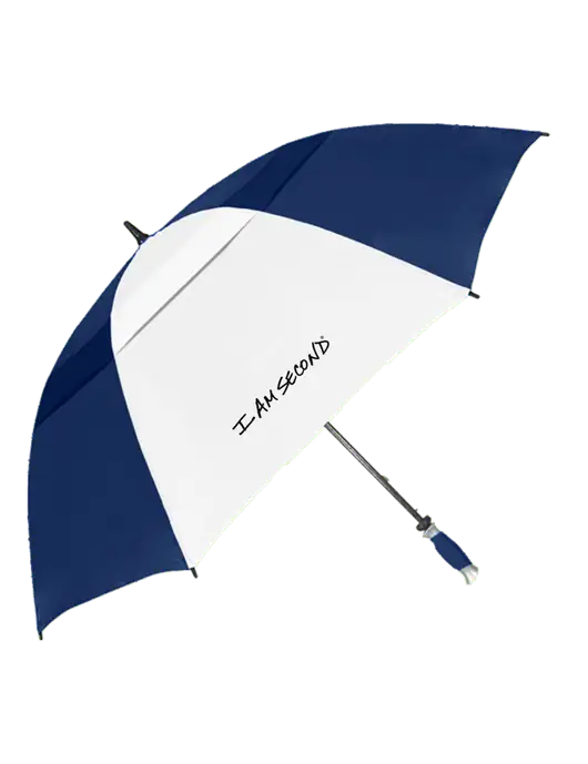 Navy Blue/White Vented Typhoon Tamer Golf Umbrella w/I Am Second Logo
