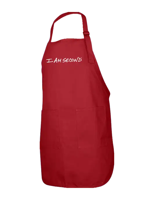 Full-Length Red Apron With Pockets w/I Am Second Logo