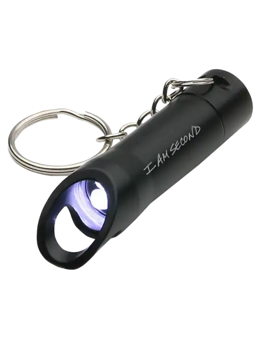 Black Pocket LED Flashlight with Bottle Opener & Keychain w/I Am Second Logo