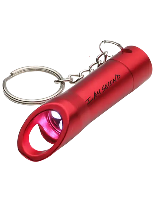 Red Pocket LED Flashlight with Bottle Opener & Keychain w/I Am Second Logo
