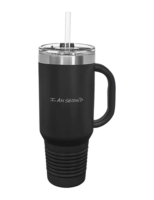 Polar Camel 40 oz. Powder Coated Vacuum Insulated Black Travel Mug with Straw w/I Am Second Logo