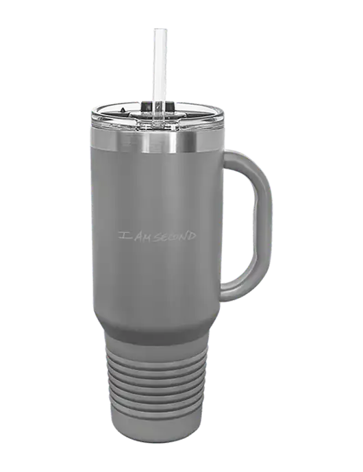 Polar Camel 40 oz. Powder Coated Vacuum Insulated Grey Travel Mug with Straw w/I Am Second Logo