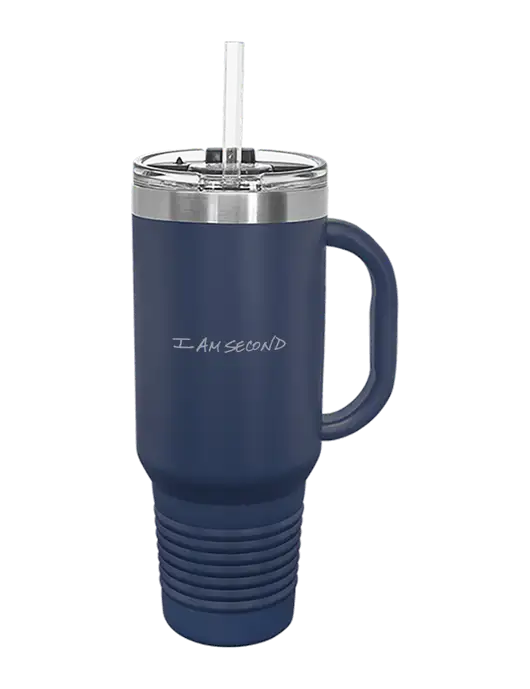 Polar Camel 40 oz. Powder Coated Vacuum Insulated Navy Travel Mug with Straw w/I Am Second Logo