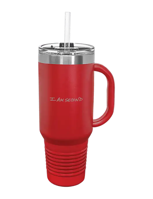 Polar Camel 40 oz. Powder Coated Vacuum Insulated Red Travel Mug with Straw w/I Am Second Logo
