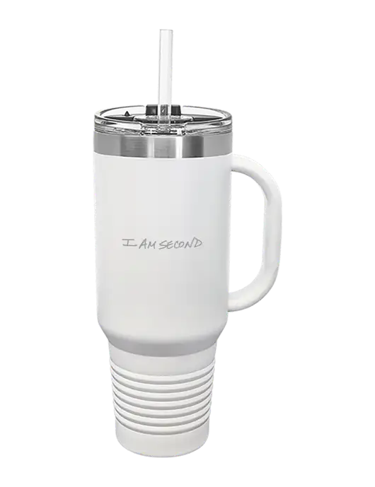 Polar Camel 40 oz. Powder Coated Vacuum Insulated White Travel Mug with Straw w/I Am Second Logo