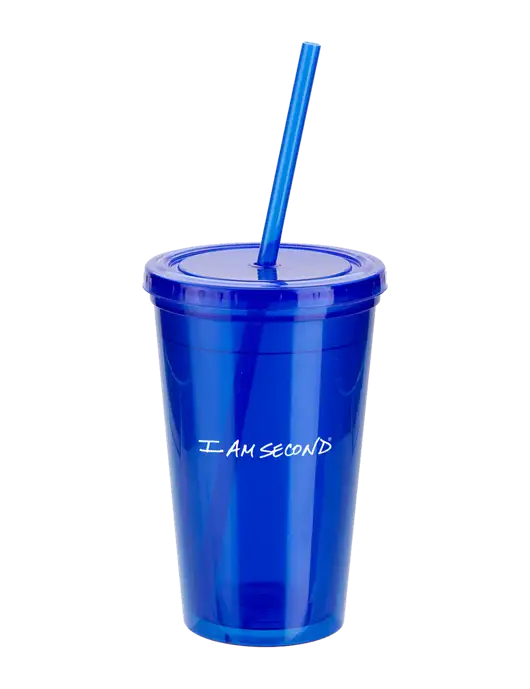 Sorrento Blue 16 oz Tumbler with Lid & Straw w/I Am Second Logo
