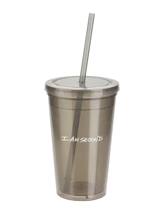 Sorrento Medium Grey 16 oz Tumbler with Lid & Straw w/I Am Second Logo