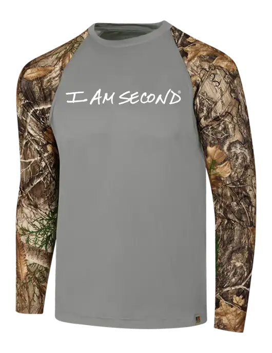 Russell Outdoors Medium Grey/Realtree Edge Camo Colorblock Performance Long Sleeve T-Shirt w/I Am Second Logo