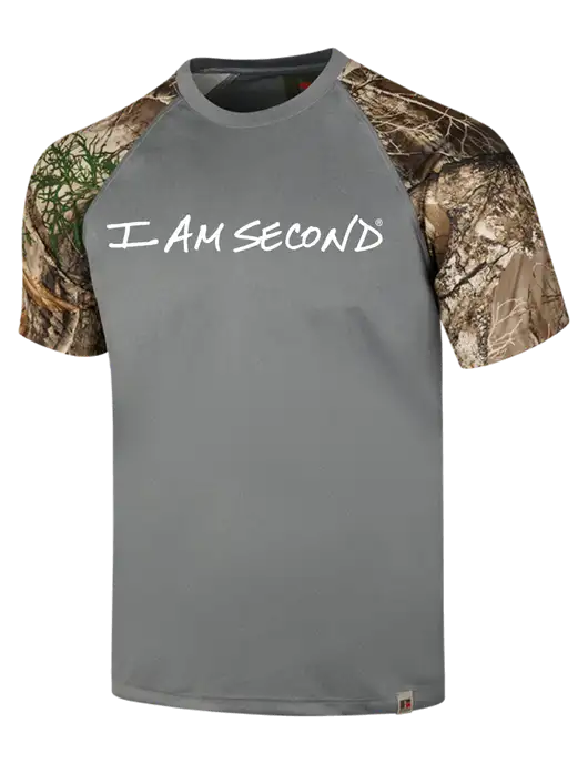 Russell Outdoors Medium Grey/Realtree Edge Camo Colorblock Performance T-Shirt w/I Am Second Logo